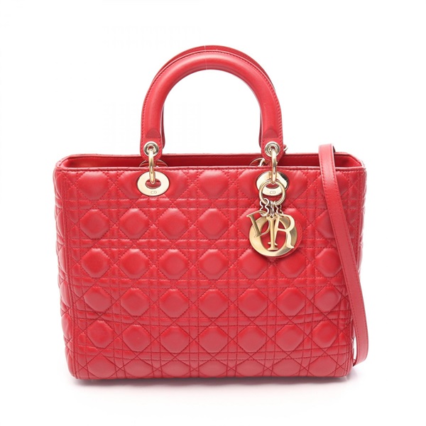Dior Lady Dior Large Shoulder Tote Handbag leather Red Used Women GHW