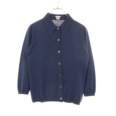 HERMES Collared Knit Sweater Jacket cardigan cotton Navy Used Women size XS