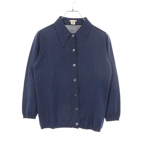 HERMES Collared Knit Sweater Jacket cardigan cotton Navy Used Women size XS