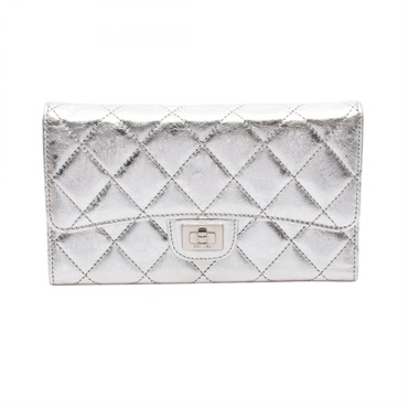 CHANEL 2.55 Matelasse Metallic Tri-fold long Wallet Purse leather Silver Used CC