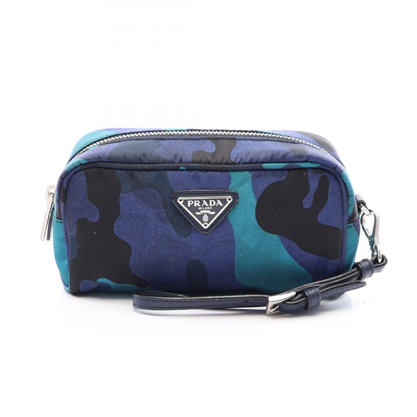 PRADA triangle logo camouflage Pouch purse Nylon Saffiano leather Blue Used