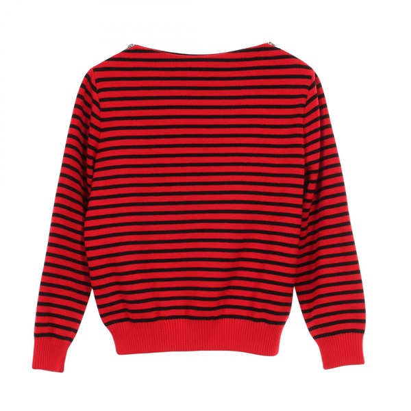 CELINE Shoulder zip striped boat neck knitwear wool Nylon Black Red Used size L