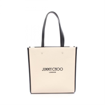 JIMMY CHOO N/S TOTE M Shoulder Tote Handbag canvas leather Beige Black Used