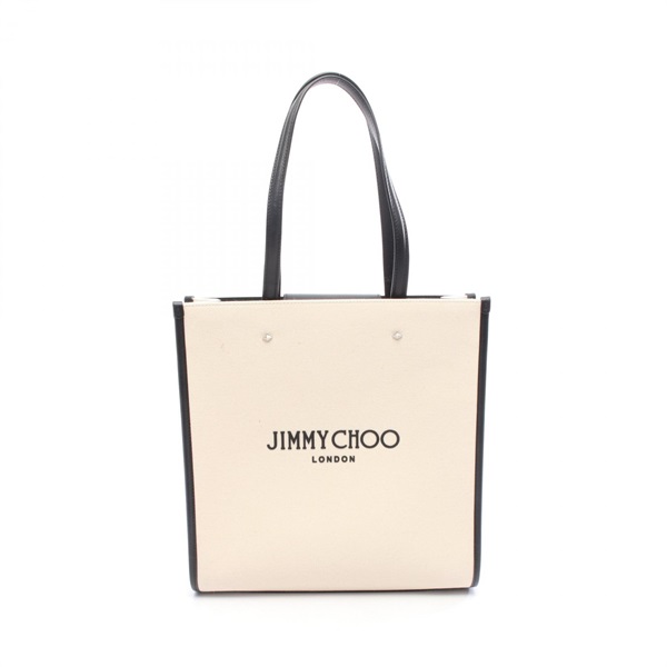 JIMMY CHOO N/S TOTE M Shoulder Tote Handbag canvas leather Beige Black Used