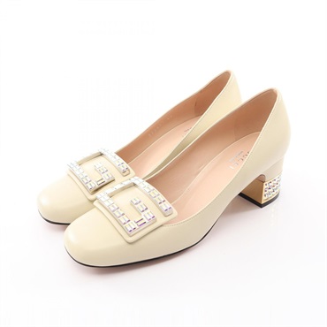 GUCCI G Logo Rhinestone Pumps Heeled Shoes 522697 leather Beige Women #36