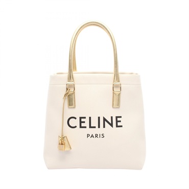 CELINE Horizontal Cabas Tote Shoulder Bag 192162 canvas leather White Gold Used