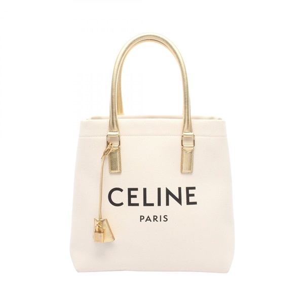 CELINE Horizontal Cabas Tote Shoulder Bag 192162 canvas leather White Gold Used