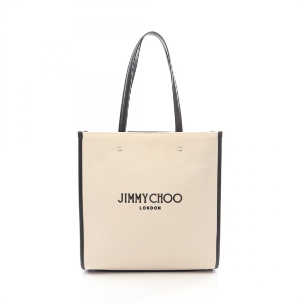 JIMMY CHOO Logo Shoulder Tote Bag canvas leather Beige Black Used Women