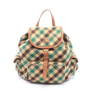 Miu Miu Check Rucksack Backpack wool leather Beige Green Multicolor Preowned
