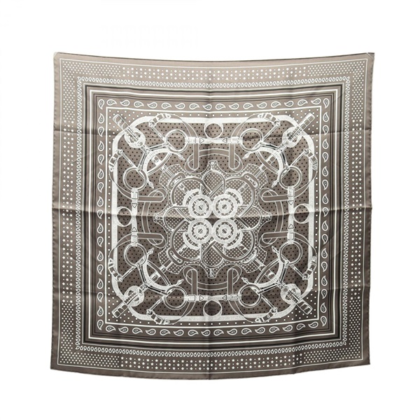 HERMES Carre70 EPERON D'OR Scarf Silk Gray Black White Used Women