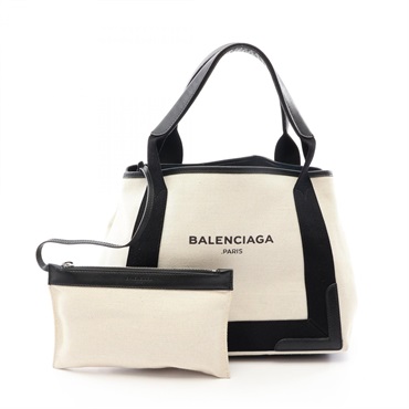 BALENCIAGA NAVY CABAS S Tote Handbag 339933 canvas leather Beige Black Used