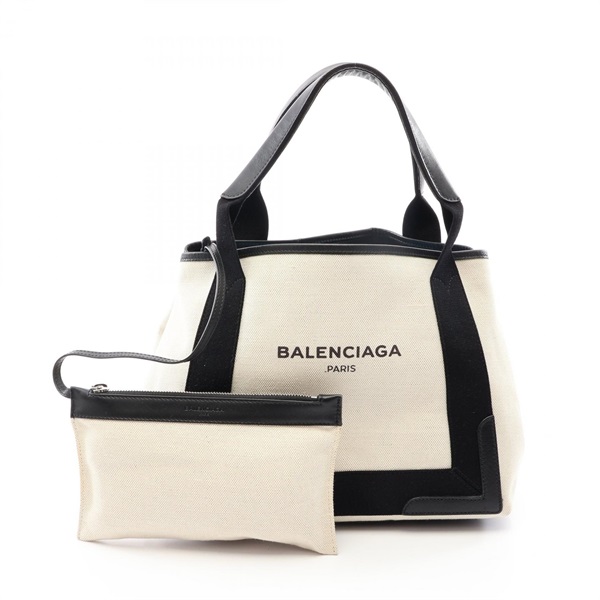 BALENCIAGA NAVY CABAS S Tote Handbag 339933 canvas leather Beige Black Used
