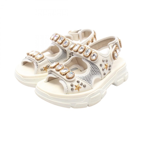 GUCCI Bijou studs Sandals Shoes 557471 Fabric White Used Women GG