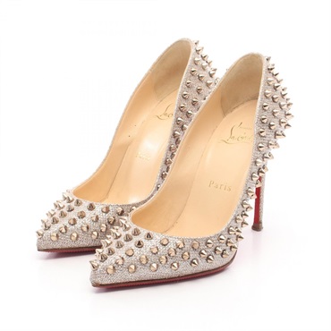 Christian Louboutin Spike Studs Heels Pumps #35 1/2 Fabric Gold Silver Used