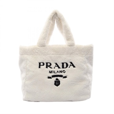 PRADA Terry Lettering Logo Tote hand Bag pile White Black Used Women