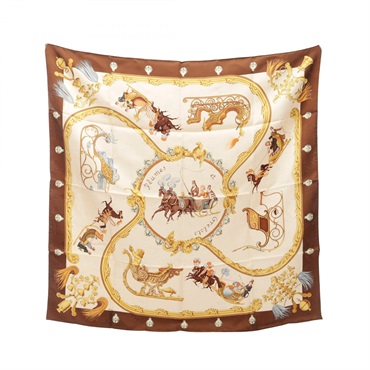 HERMES Carre90 Plumes et Grelots Scarf Silk Beige Brown Used Women