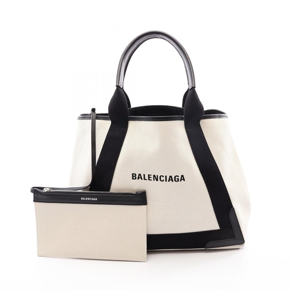 BALENCIAGA NAVY CABAS NEW M Tote Bag 581292 canvas leather Beige Black Used